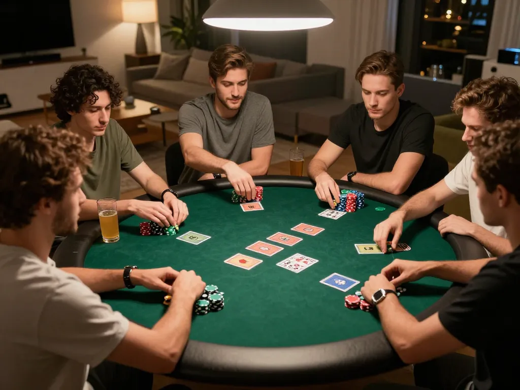 MISO88 players enjoying a strategic poker night, intense focus on gameplay with chips and cards visible
