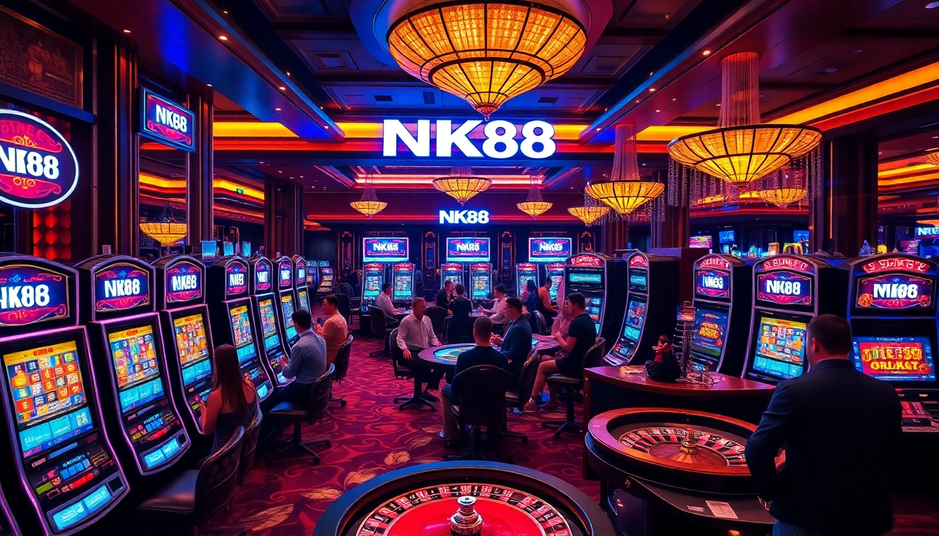 NK88 players enjoy exciting slot machines and poker tables in a luxurious casino setting.