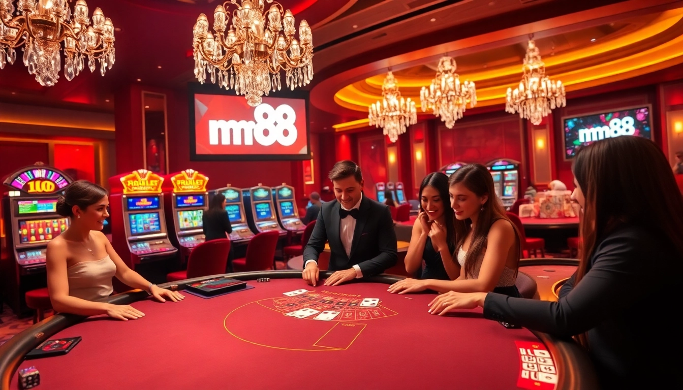 Exciting casino table scene showcasing mm88 with dealer and players engaged in blackjack.