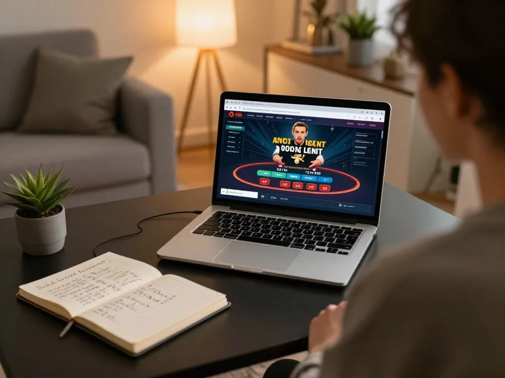 Engaging in online gambling at a nhà cái uy tín site while reviewing strategies in a cozy home office.