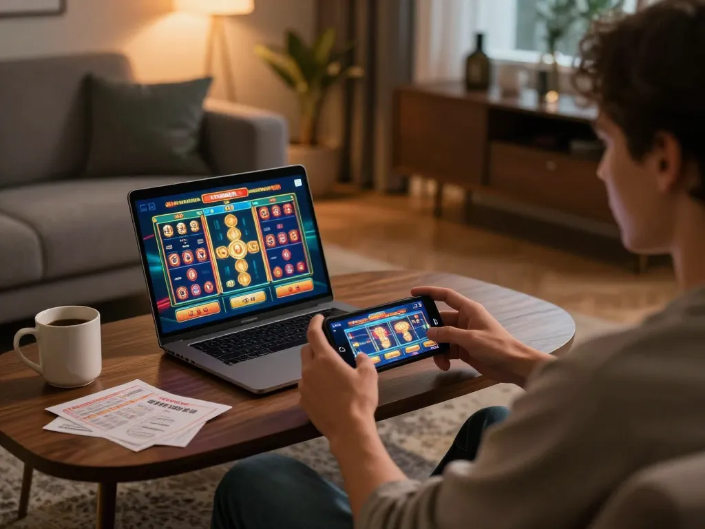 Player enjoying lv88 mobile casino gaming on cozy sofa with online slots displayed