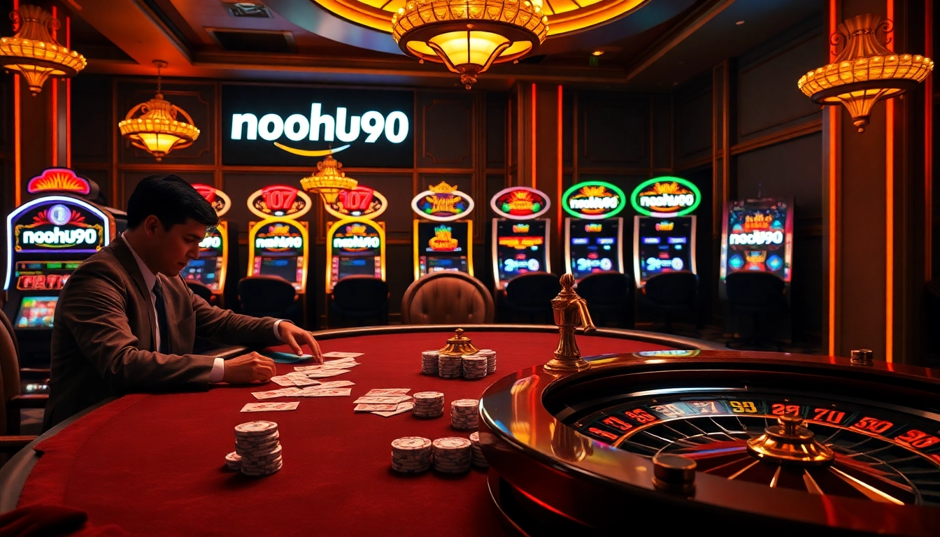 Nohu90 players engaged in a high-stakes poker game within a luxurious online casino environment.