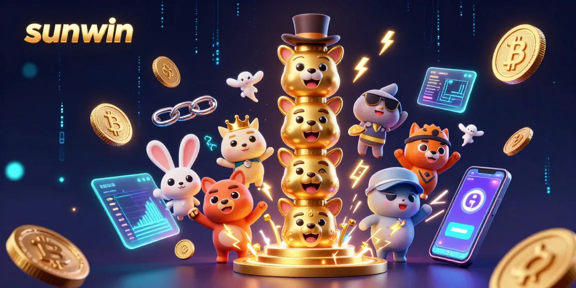 Experience the excitement of sunwin with vibrant 3D casino elements and glowing cryptocurrency coins.