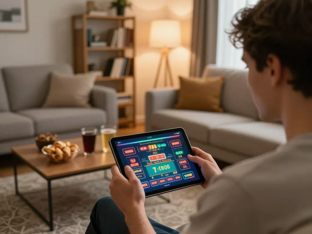Engaging with casino app on tablet in cozy setting at lv88nyc, emphasizing home gaming.