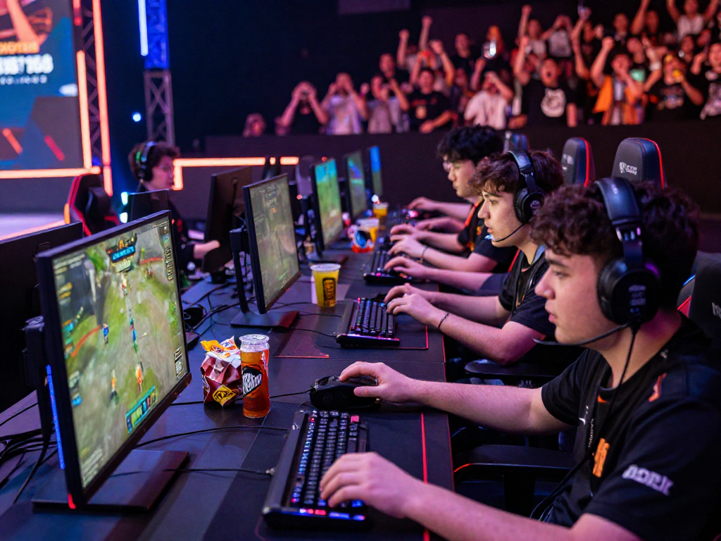 Gamers competing in a vibrant esports arena for KOMBET168 in 2026.