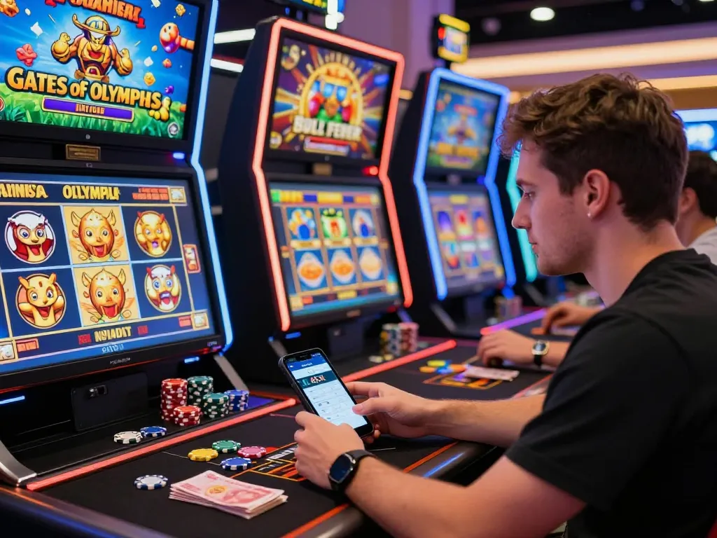 Engaged player using the 45X bet platform in a vibrant online casino environment, showcasing excitement and gaming potential.