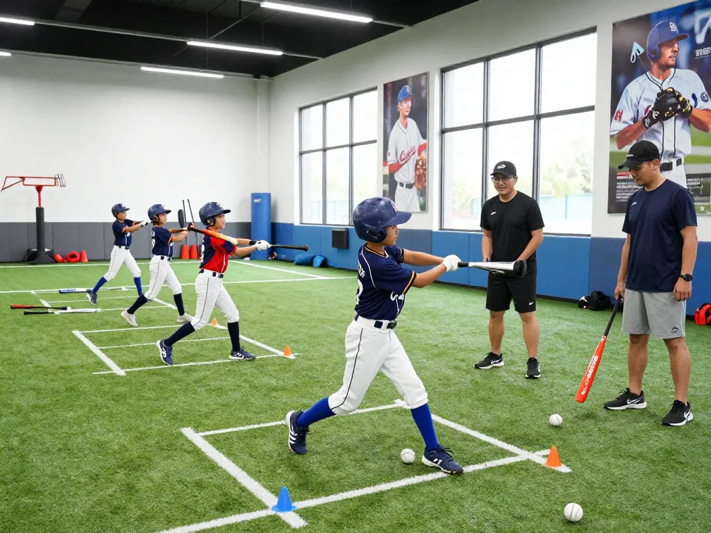 Youth players training at Hitclub baseball facility, showcasing teamwork and skill development.