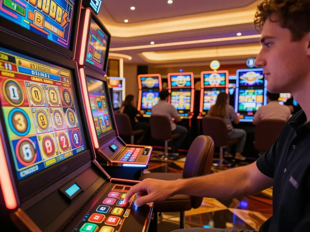 789win1 players engaged at colorful slot machines in a lively casino atmosphere