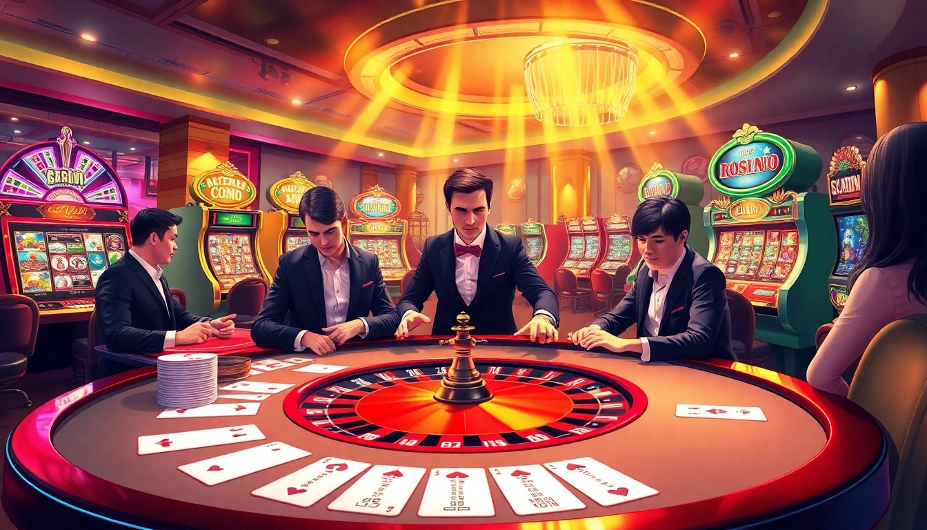 Gamblers enjoying an exciting gaming experience at 88xx.co.com with vibrant casino tables and slot machines.
