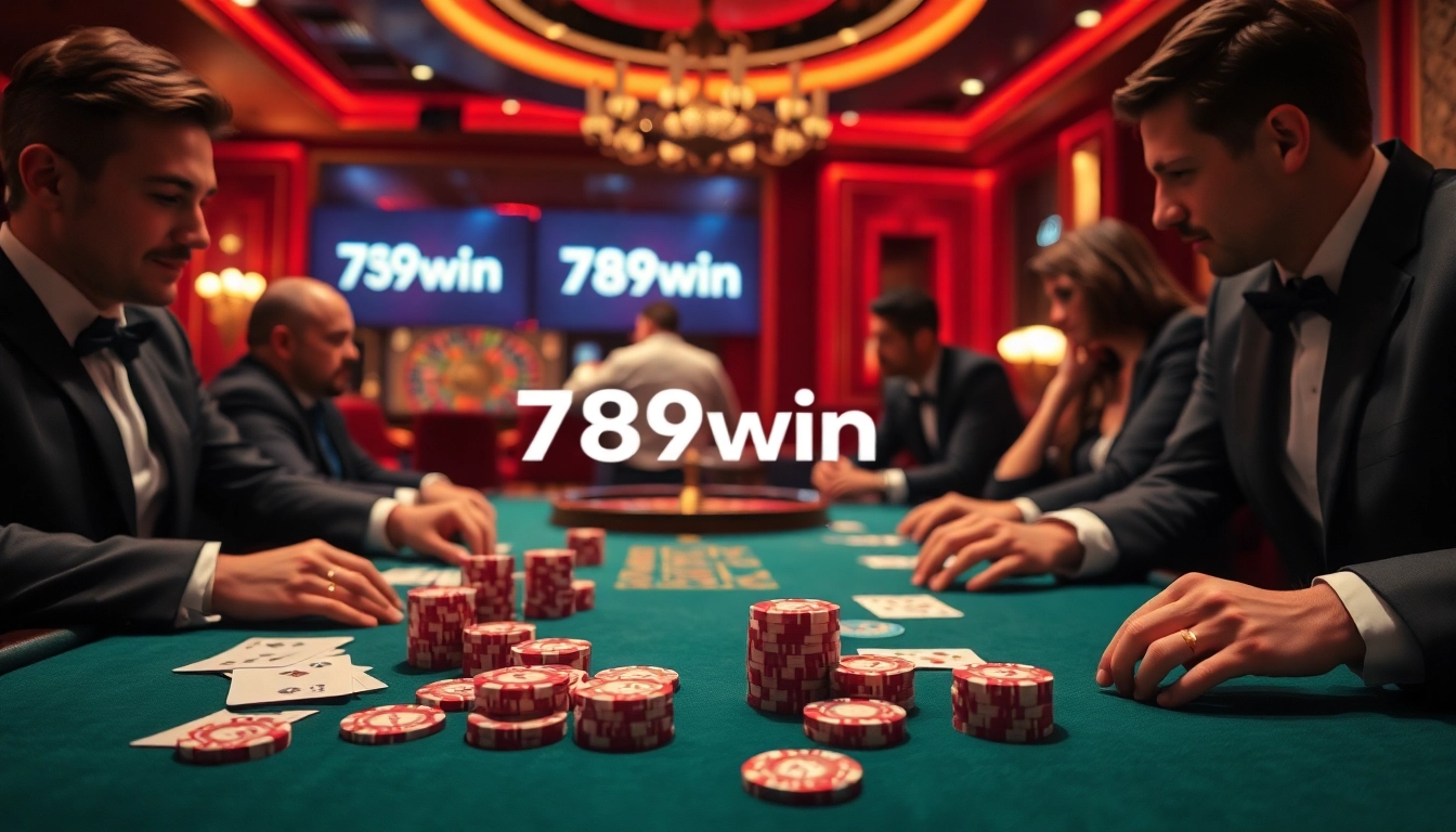Engaging scene of poker gameplay featuring 789win vom logo among luxurious casino elements.