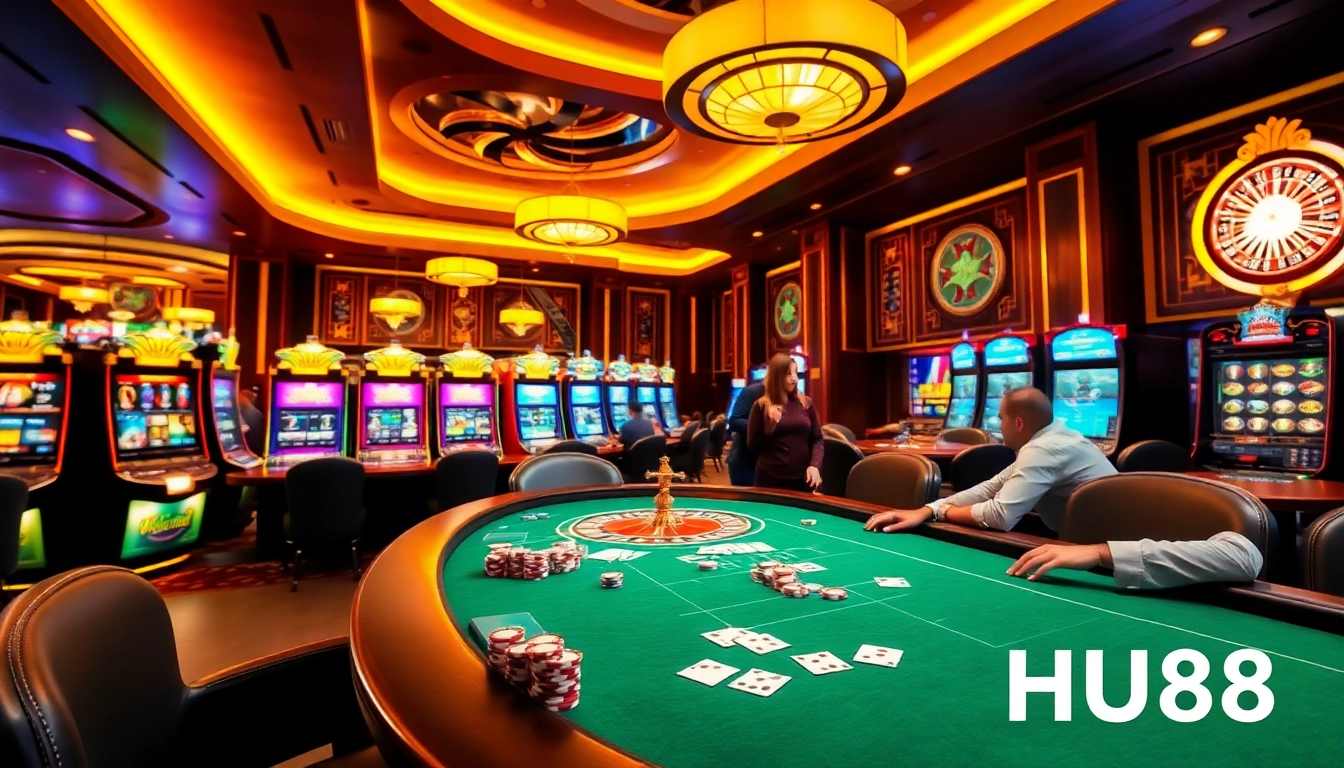 Experience thrilling gameplay with HU88 at a vibrant casino setting featuring poker tables and colorful slot machines.