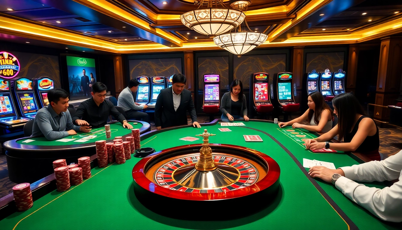Experience thrilling gaming at TK88 with vibrant casino tables and excited players.