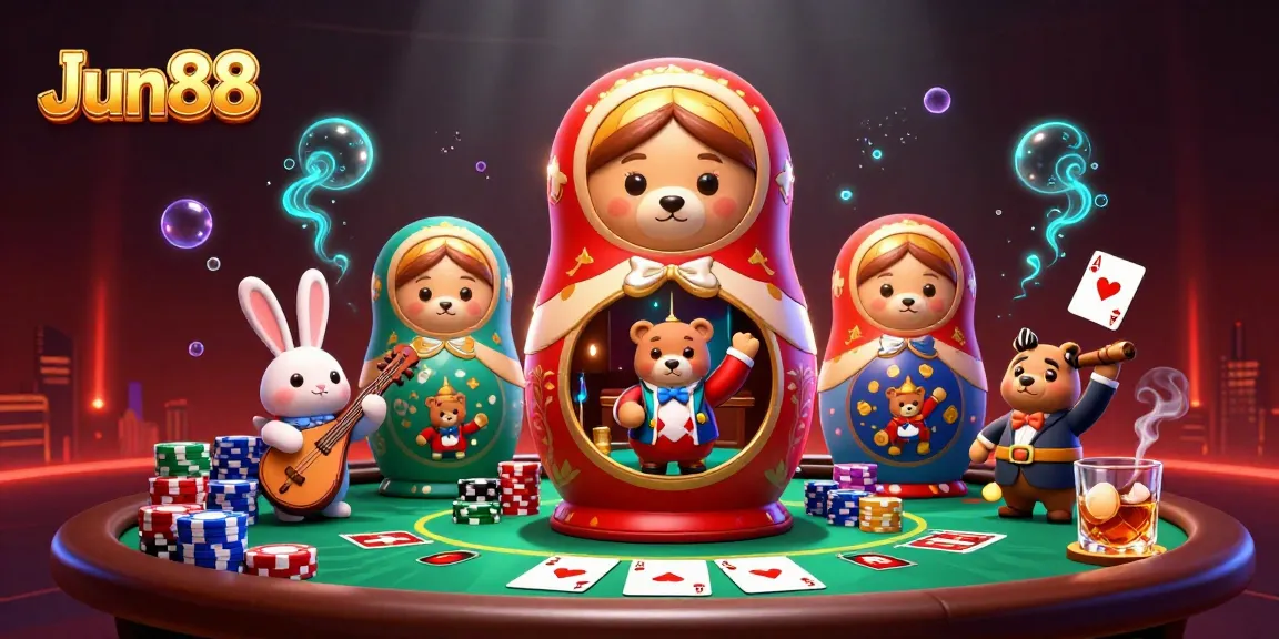 Play casino games at Jun88 featuring themed illustrations of poker and vibrant characters.