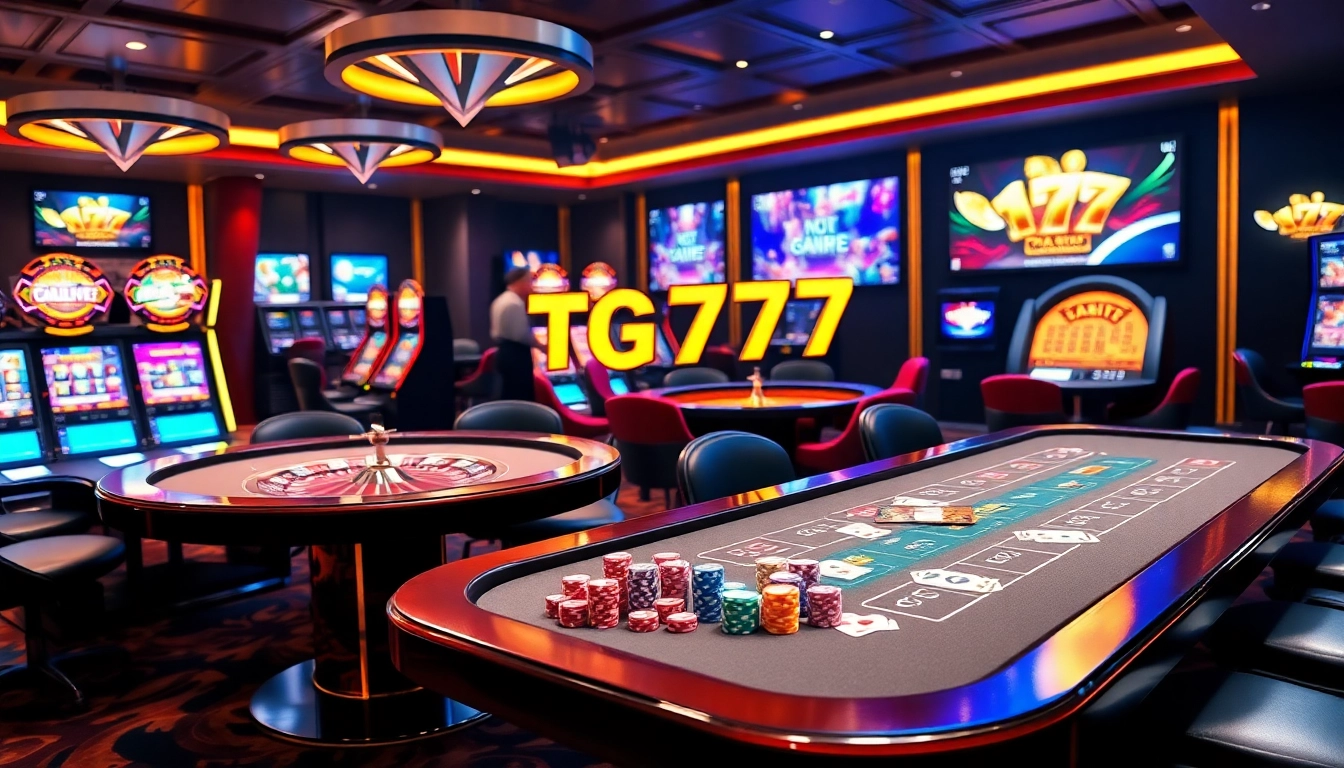Engaging TG777 link online casino interface with poker tables, vibrant slots, and roulette wheels.