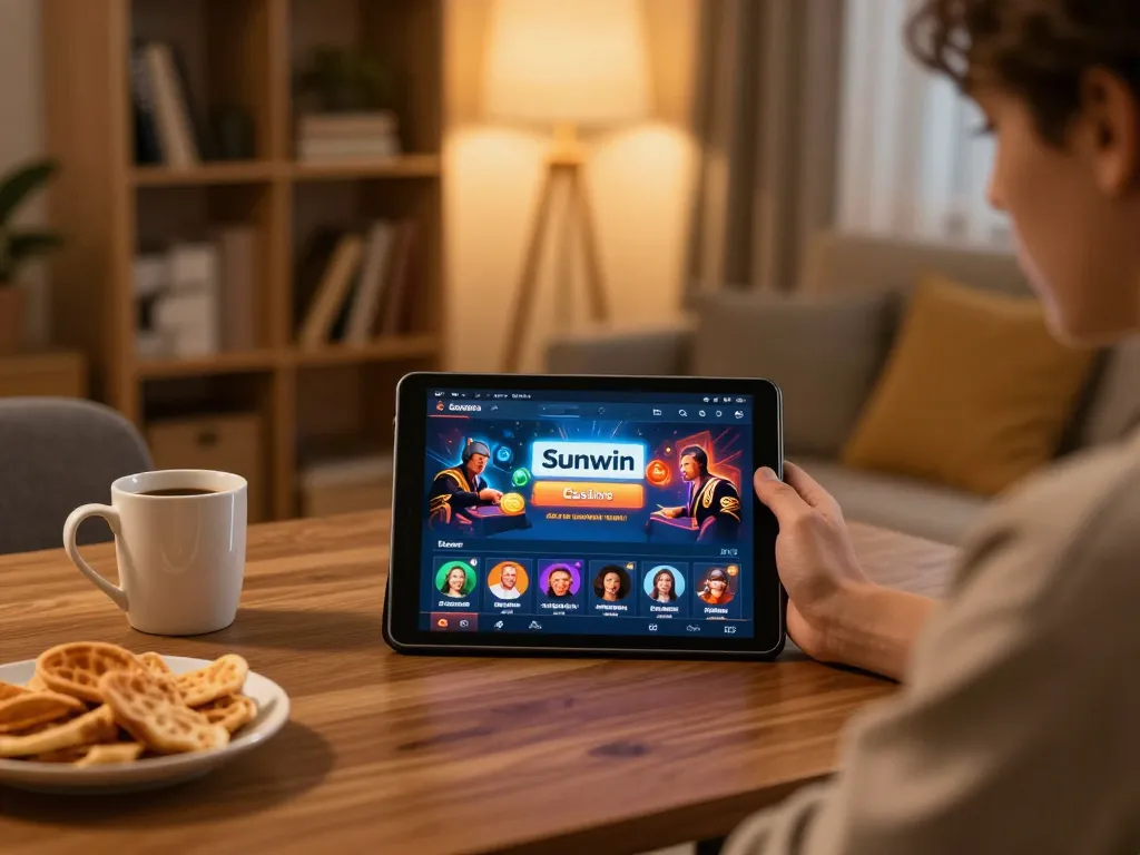 Engaging in the Sunwin app for a strategic home gaming experience with snacks.