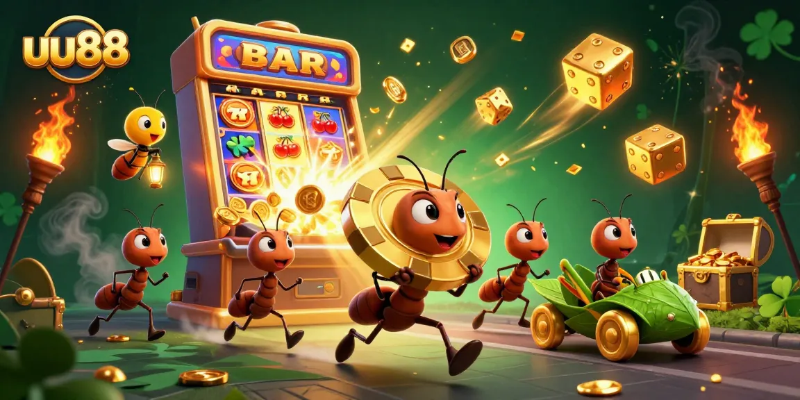 Engage with uu88's thrilling experience through a heist scene with cartoon ants and a jackpot explosion.