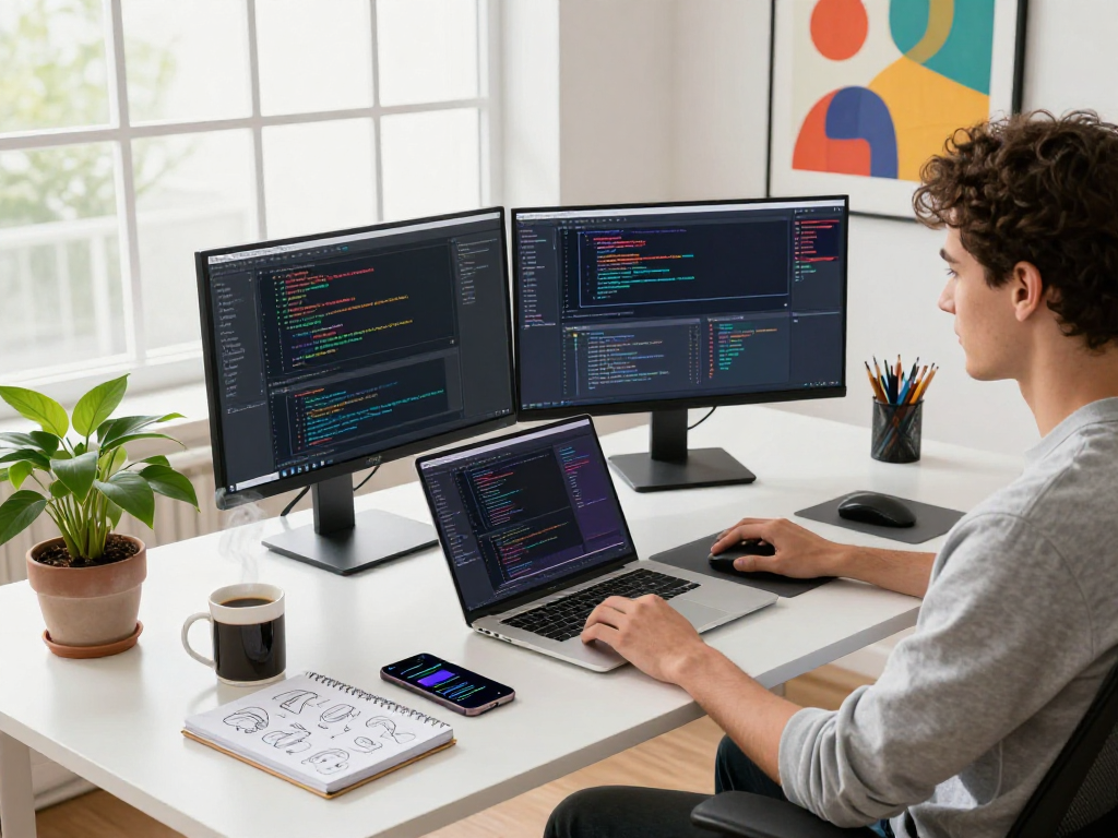 Energetic workspace with developer coding ia +18, vibrant screens, coffee, and inspiring decor.