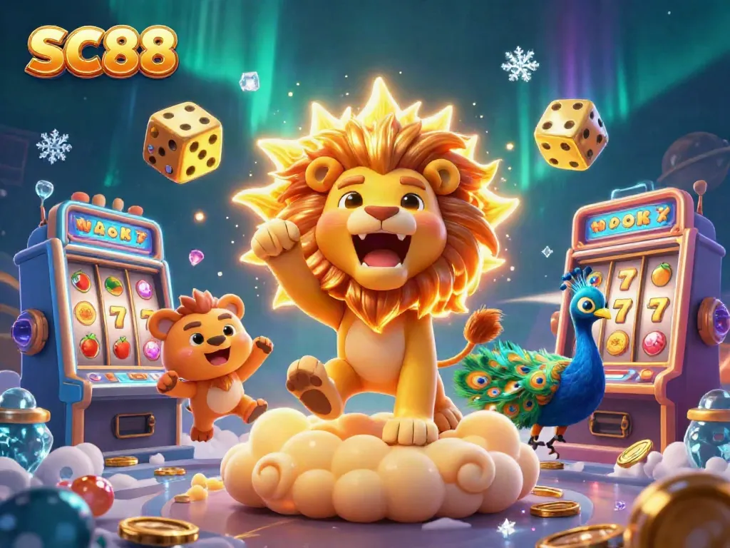 Experience the excitement of SC88 with vibrant slot machines, golden dice, and a roaring sun lion.