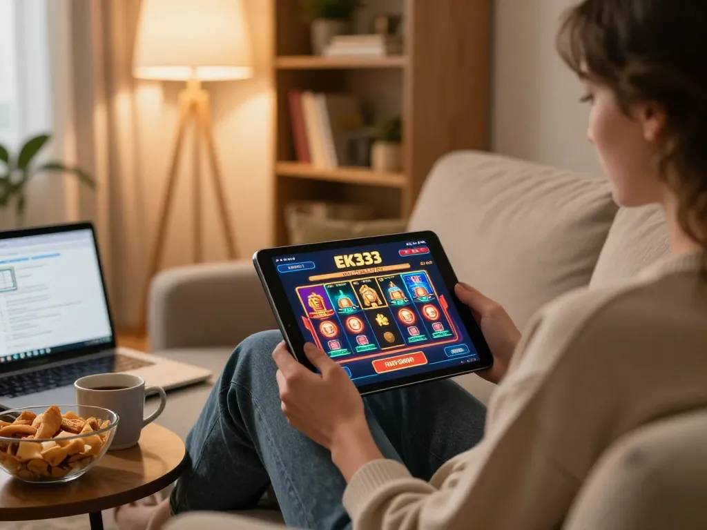 Engaging online casino gameplay with EK333 app on tablet in a comfortable home setting.
