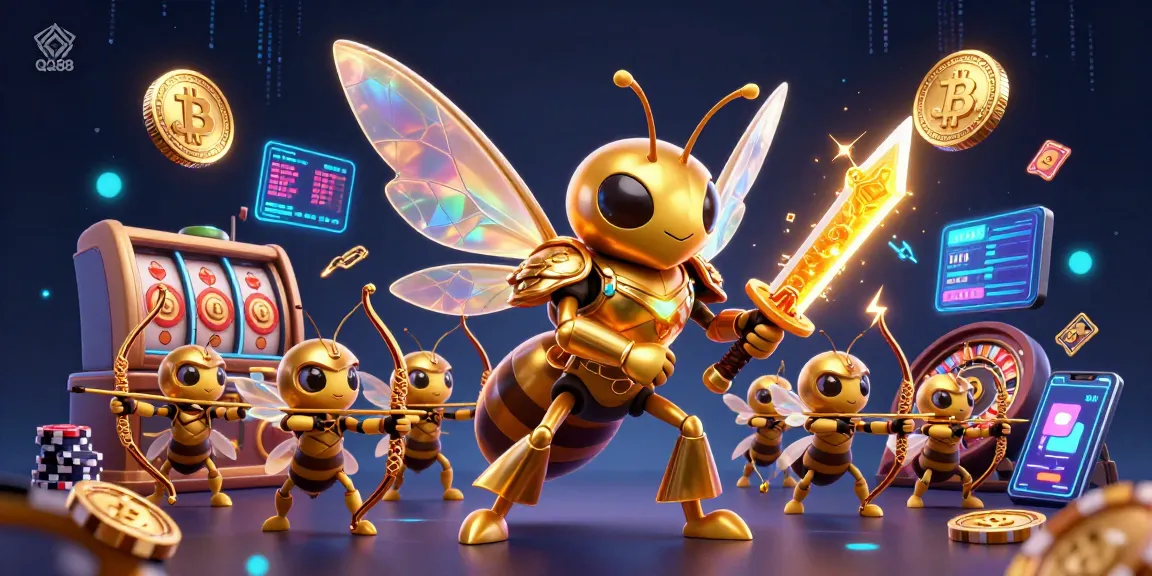 Engage with QQ88's vibrant casino scene showcasing a golden samurai hornet and gaming elements.
