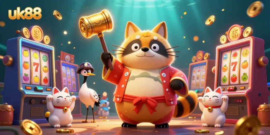 Experience uk88 with a cheerful tanuki and samurai crane amid vivid slot machines