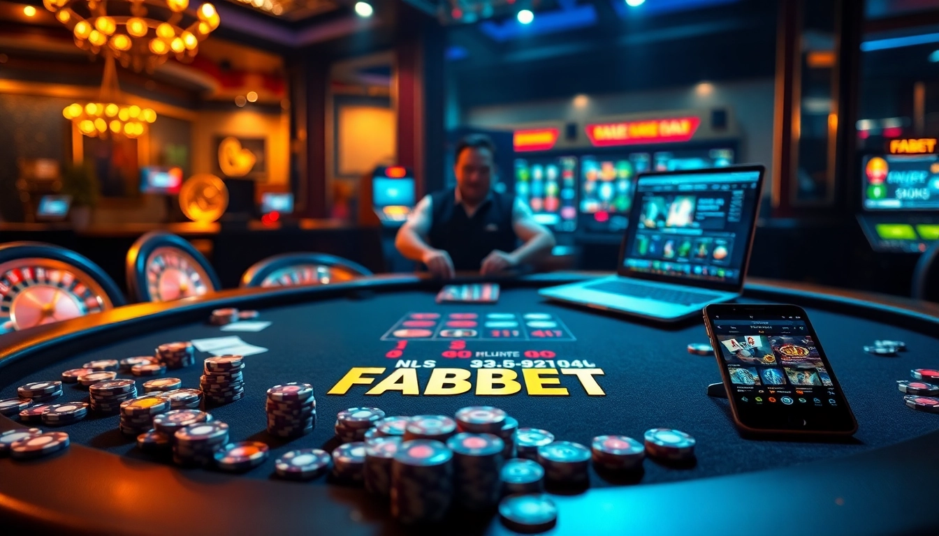Experience the thrill of betting at FABET's luxurious online casino environment with vibrant tables and live dealers.
