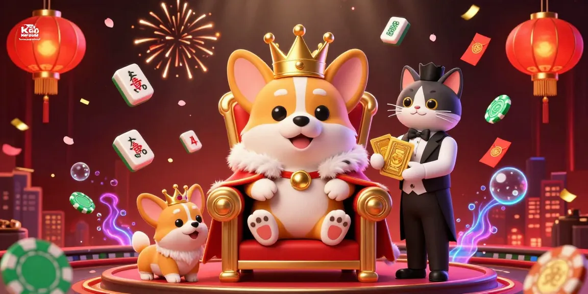 Engage with Kèo nhà cái hôm nay in this vibrant casino scene featuring a royal corgi and interactive elements.