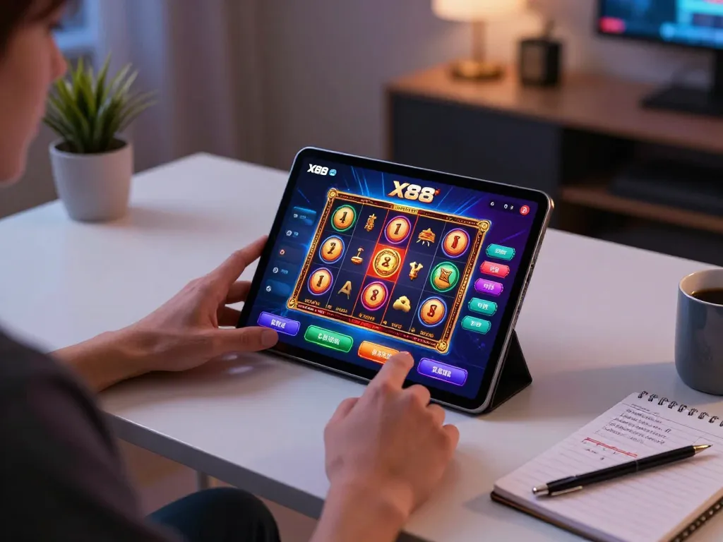 X88 player engages in responsible online gaming, enjoying vibrant slot graphics on tablet.