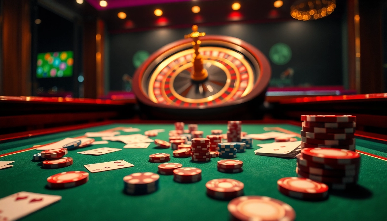 Engage in thrilling games at nhà cái 58WIN with dynamic casino visuals featuring poker chips and a roulette wheel.