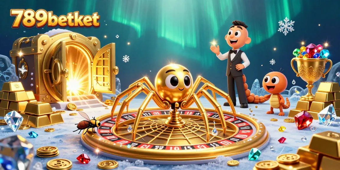 Betting excitement at 789betket as a cartoon spider spins a roulette web with treasures.