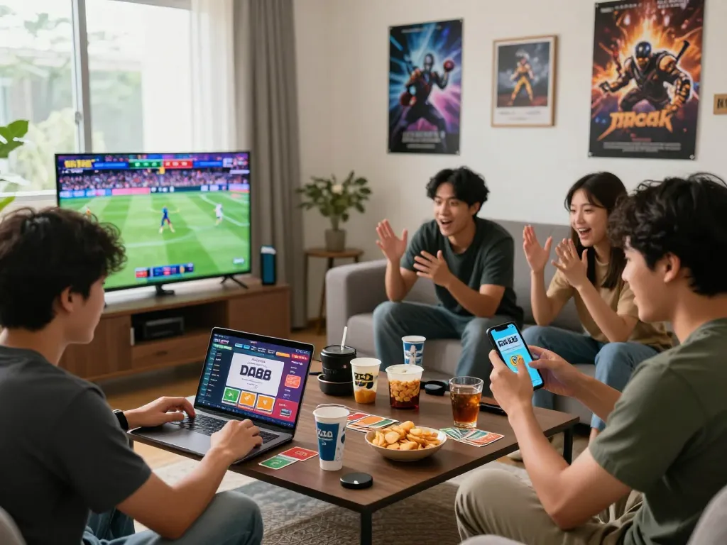 Engaging scene of friends enjoying diverse games at home with nhà cái DA88, showcasing excitement and connection.