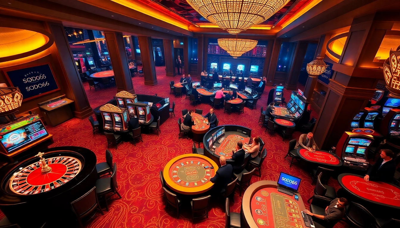 SODO66 players enjoying a vibrant casino atmosphere with roulette and slot machines.