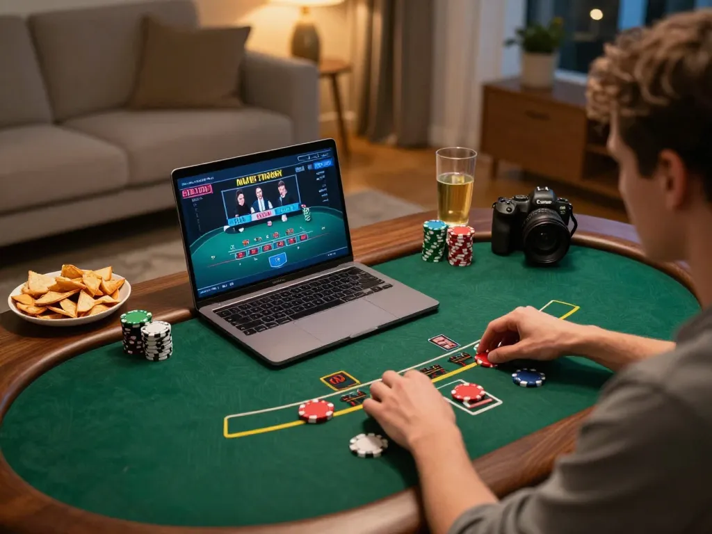 Engaging in onbet blackjack game at home with a laptop, showing responsible gaming atmosphere.