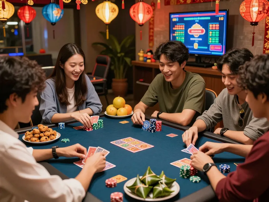 8kbet luxury gaming experience with friends celebrating Tet, vibrant atmosphere and festive decor.