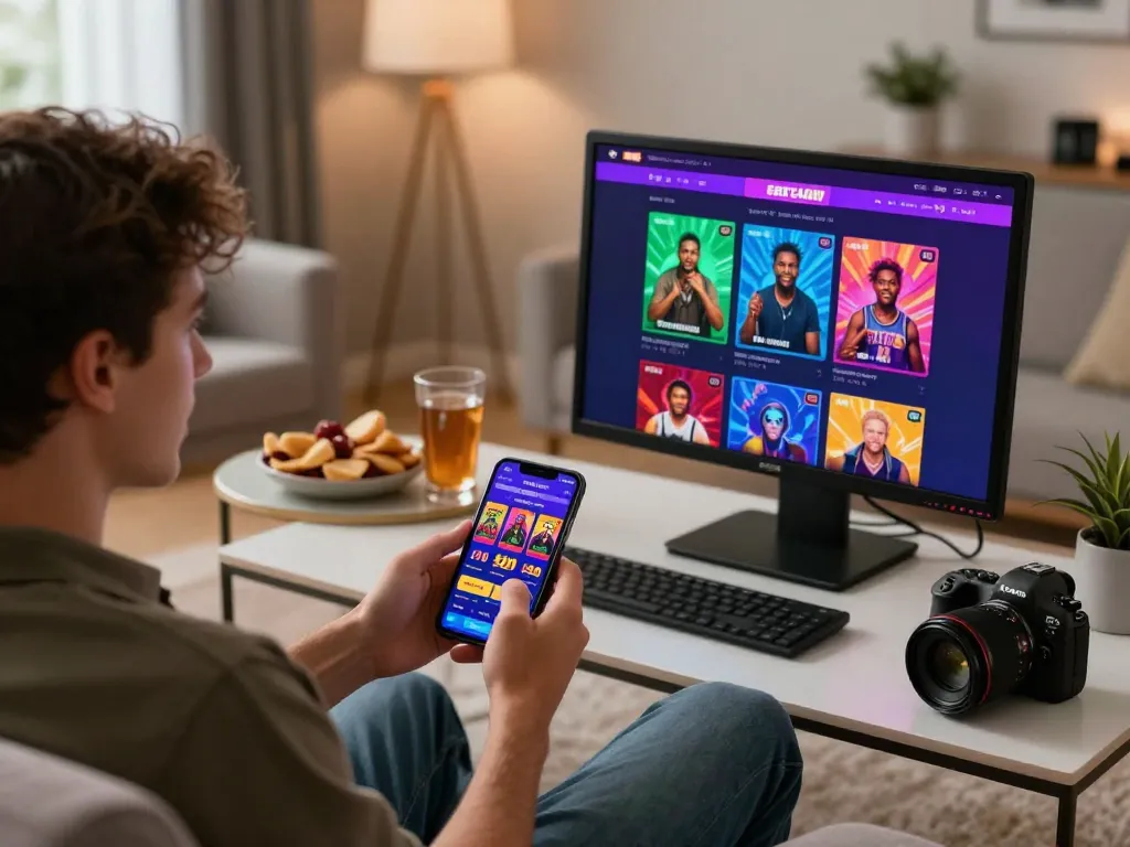 Player enjoying rikbet sports betting on smartphone in cozy living room