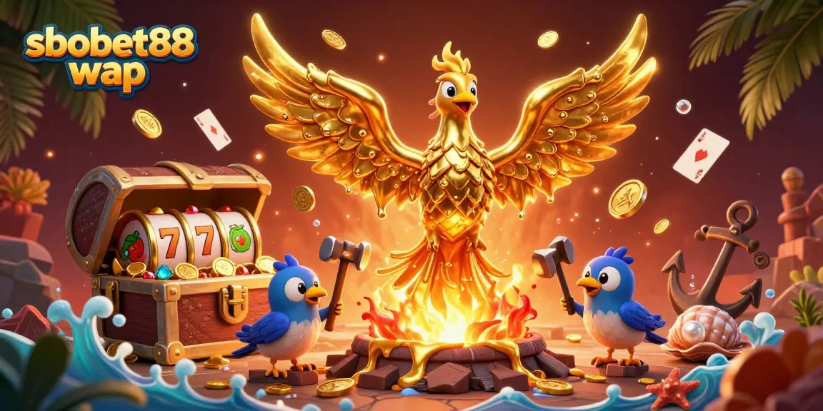 Engage in sbobet88 wap with this vibrant 3D illustration of a golden phoenix amidst casino symbols.