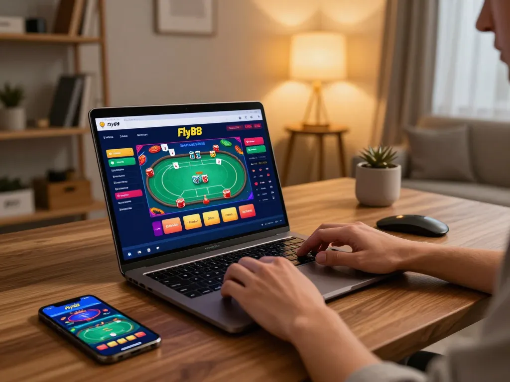 Engaging in online poker at Fly88 gaming platform using laptop and smartphone for an immersive experience