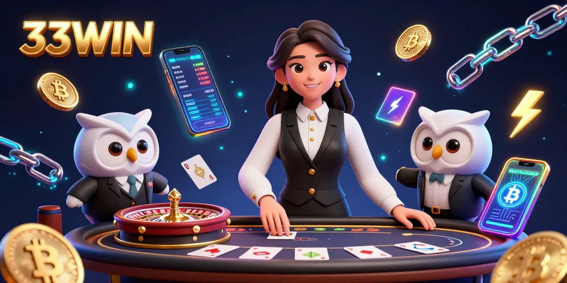 Experience 33WIN's vibrant baccarat scene with a charming dealer and crypto elements.