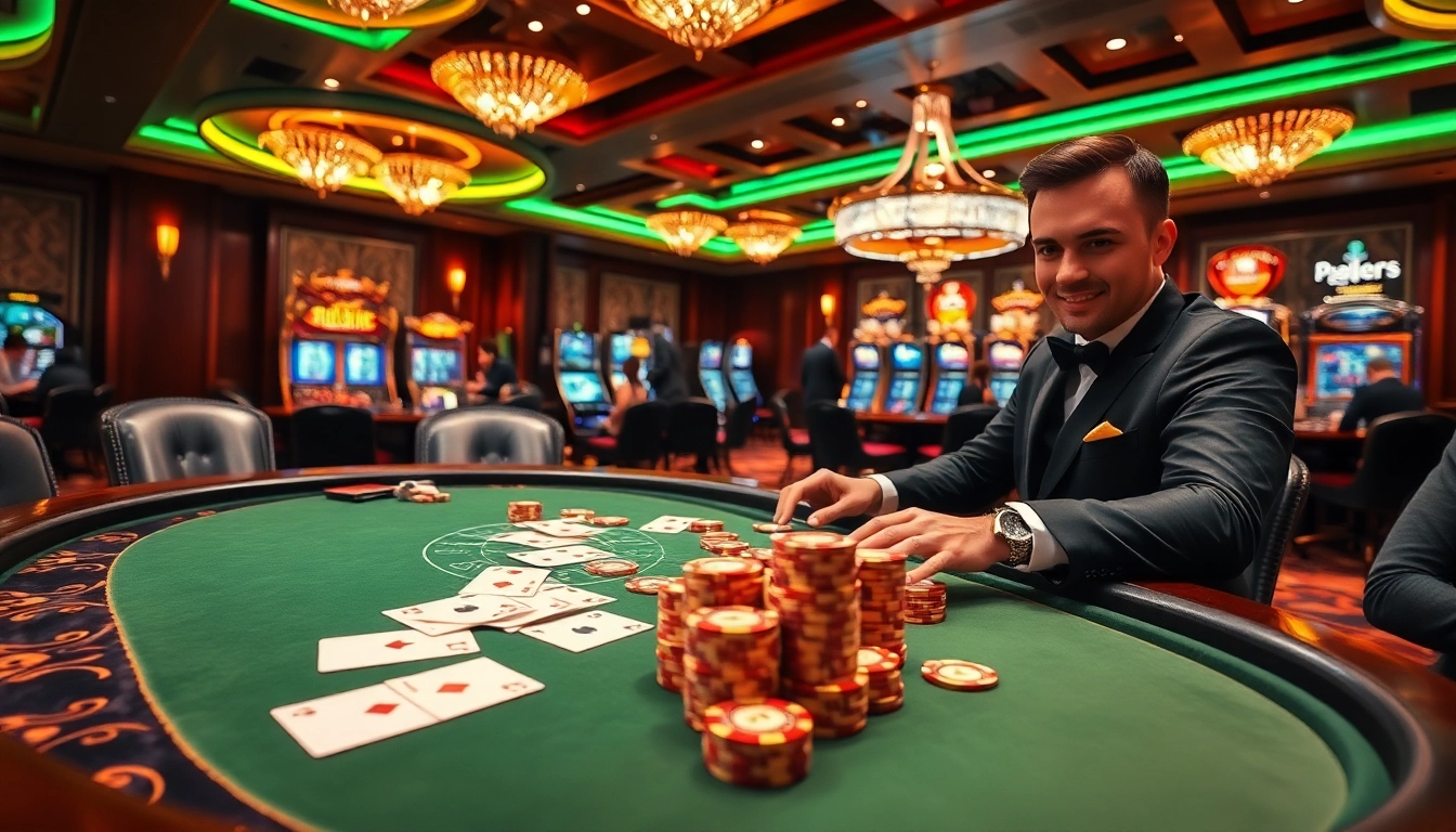 A vibrant casino scene with players enjoying poker at https://pub88.in.net/, featuring cards, chips, and a roulette wheel.