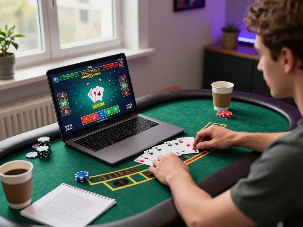 Player using laptop for hitclub blackjack online gaming with colorful interface visible