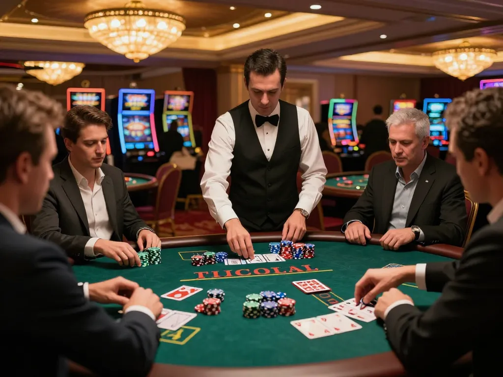 Players engaged in an intense blackjack game at a luxury casino, showcasing the excitement and strategic decisions at https://tx88at.com/.