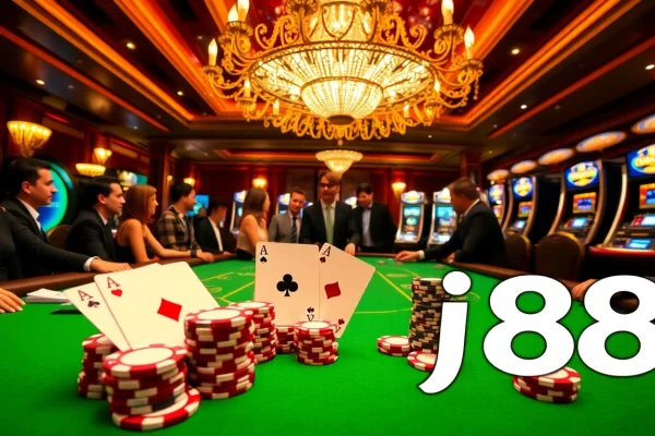 High-stakes poker game scene showcasing j88 poker chips and cards in an elegant casino.