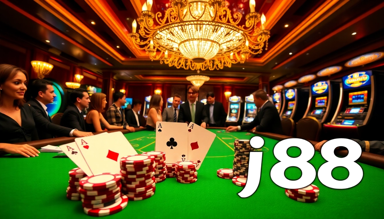 High-stakes poker game scene showcasing j88 poker chips and cards in an elegant casino.