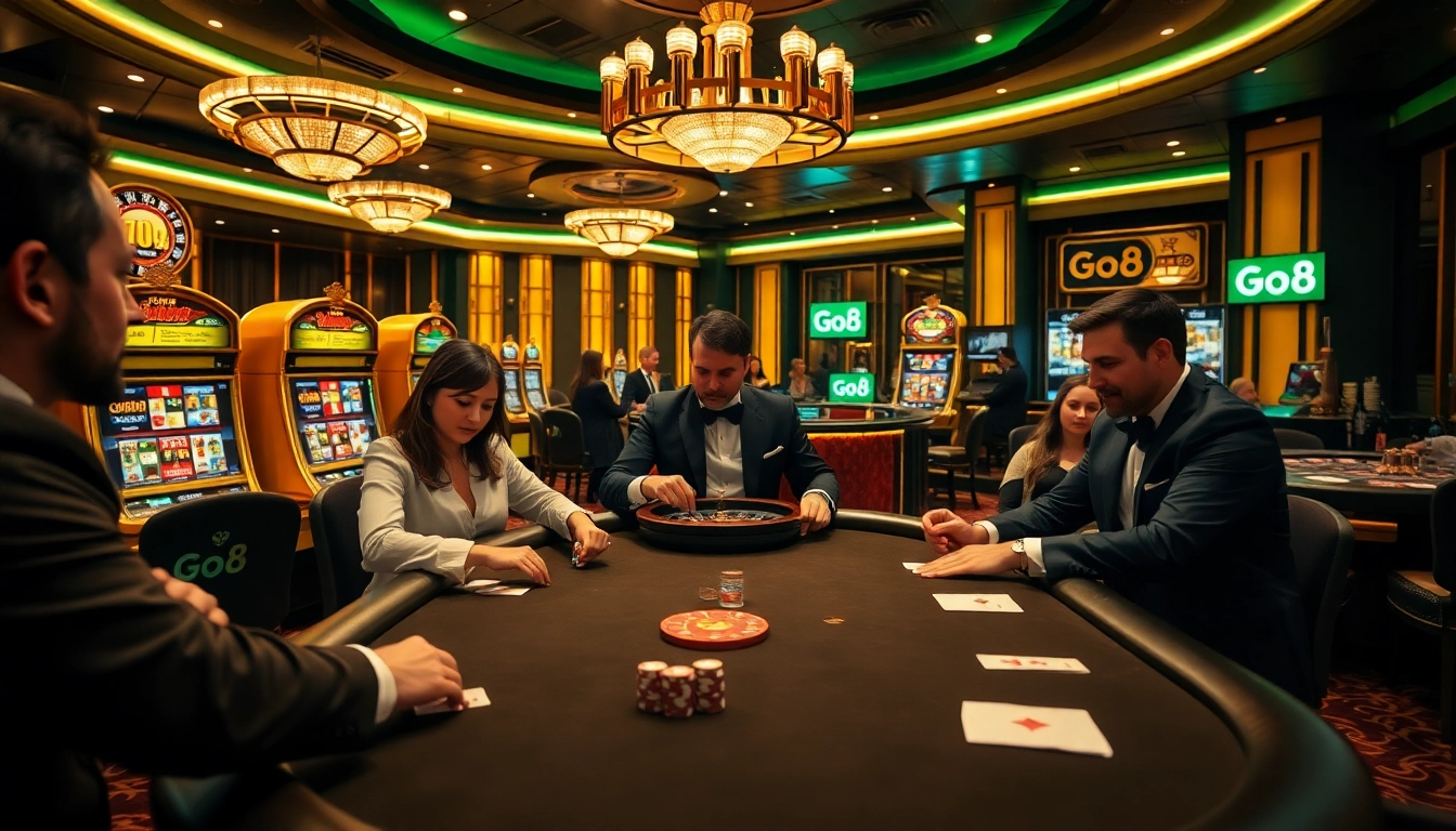 Competing at the Go8 casino table surrounded by vibrant gambling elements and excitement.