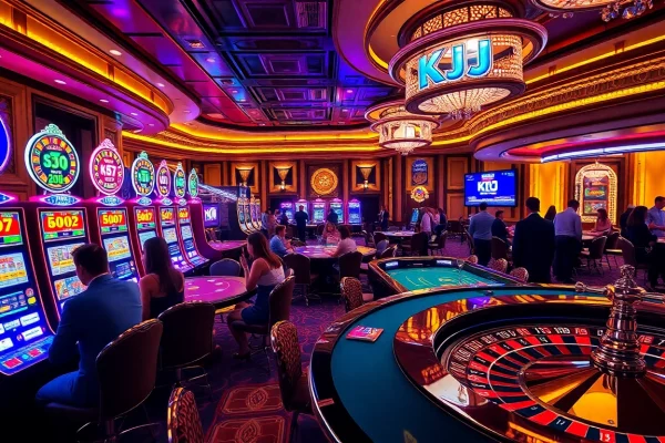 KJC casino scene showcasing thrilling slot machines and excited players at poker tables.