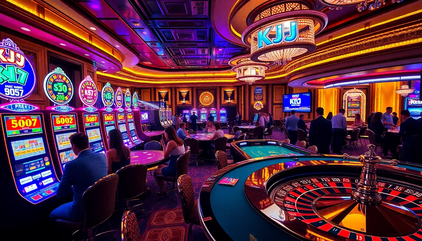 KJC casino scene showcasing thrilling slot machines and excited players at poker tables.