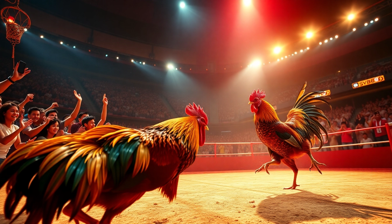 Live cockfighting event at sv368win.live with excited spectators and vibrant atmosphere