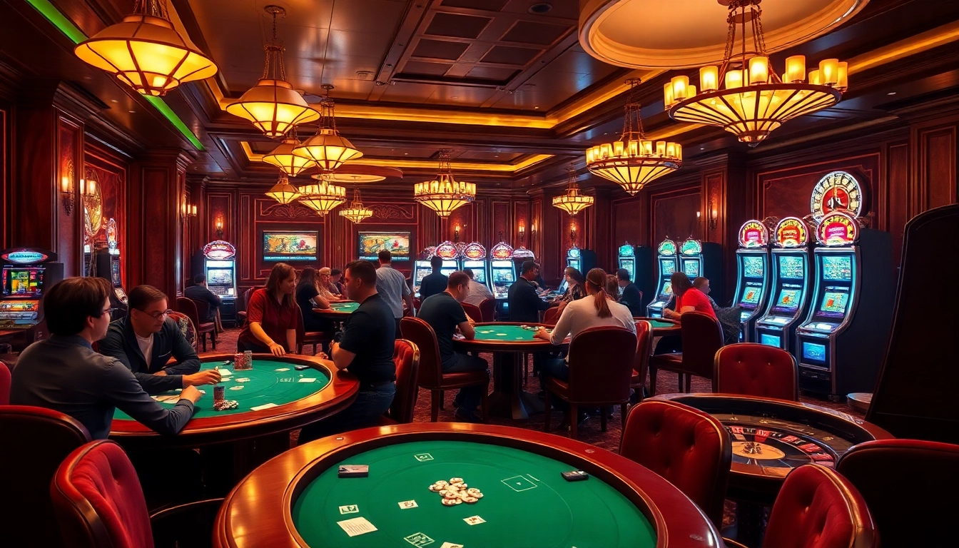 SODO Casino scene showcasing vibrant gaming tables, slot machines, and enthusiastic gamblers enjoying a luxury experience.