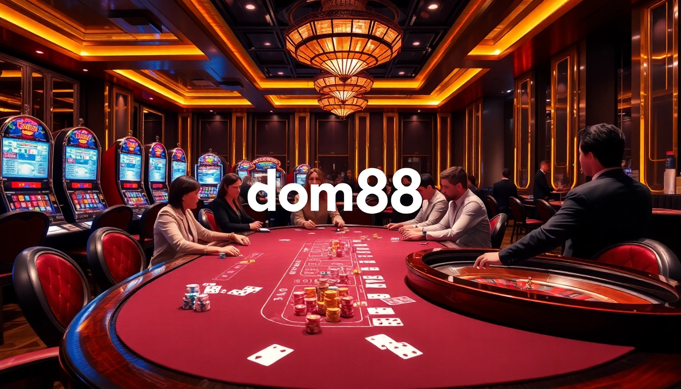 Players enjoying high-stakes poker at dom88.us.com casino with vibrant chips and luxurious decor.
