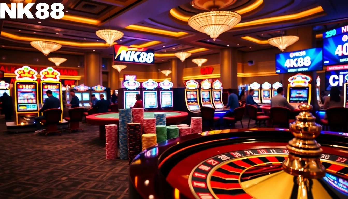 NK88 players celebrating wins at a vibrant casino table filled with poker chips and roulette.